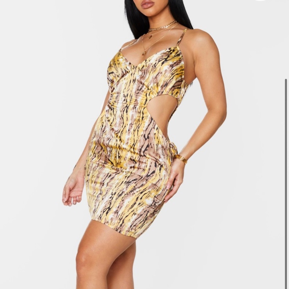 Shape Multi Tie Dye Satin Cut Out Ruched Side Bodycon Dress